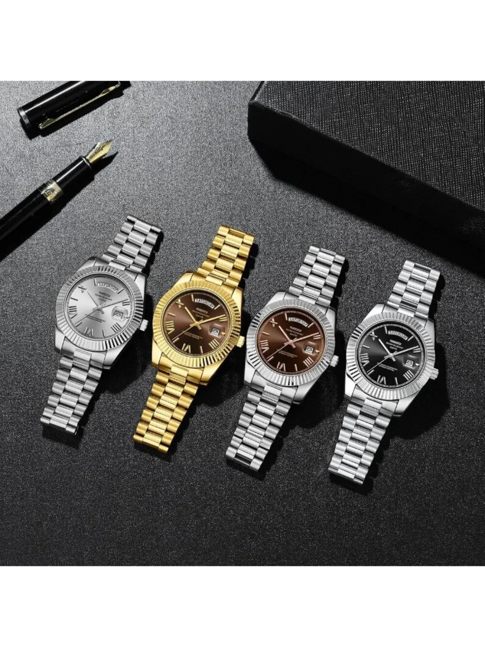 Luxury Men's Analog Quartz Watch - Rose Gold Stainless Steel, Waterproof, Brown